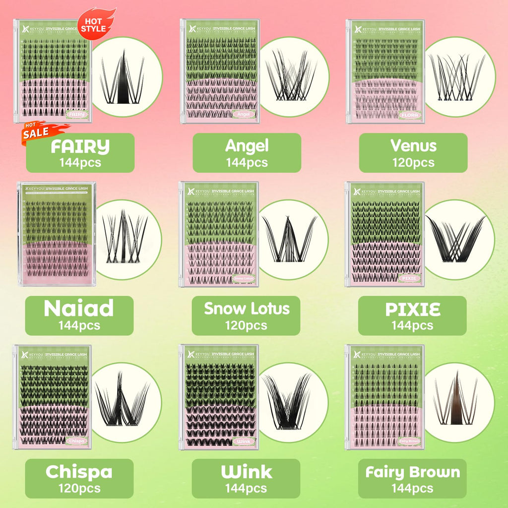KEYYOU Naiad Lash Clusters Kit – 144Pcs C Curl Wispy Lash Kit for At-Home DIY Extensions