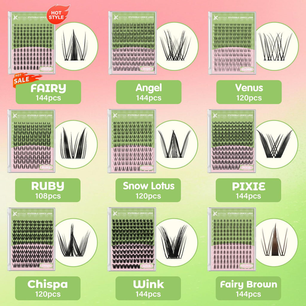 KEYYOU Venus Lash Clusters Kit – Invisible Band, C Curl 8-16 Mix, 120 Pcs for DIY Lash Extensions