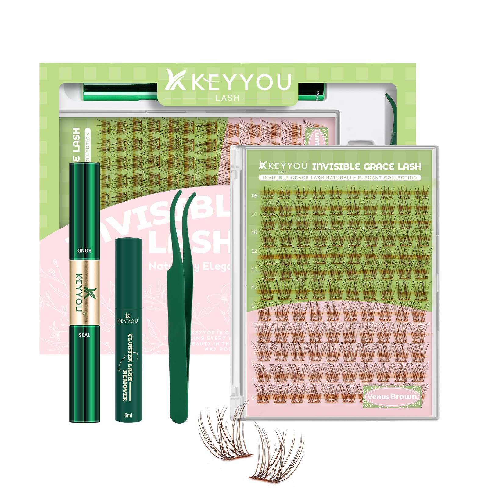 KEYYOU Venus Brown Lash Clusters Kit - C Curl 120 Pcs, Waterproof DIY Lash Extension at Home