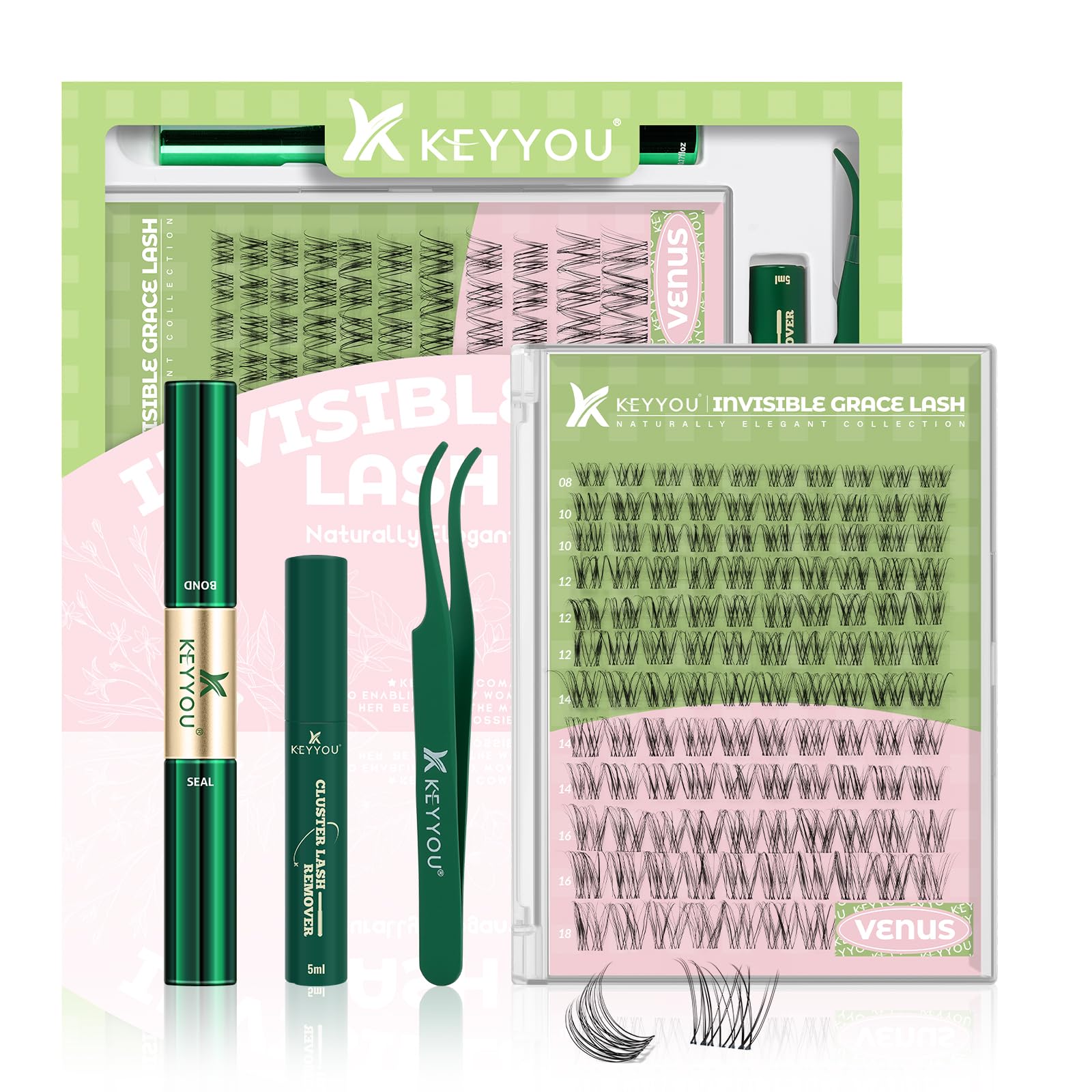 KEYYOU Venus Lash Clusters Kit – Invisible Band, C Curl 8-16 Mix, 120 Pcs for DIY Lash Extensions