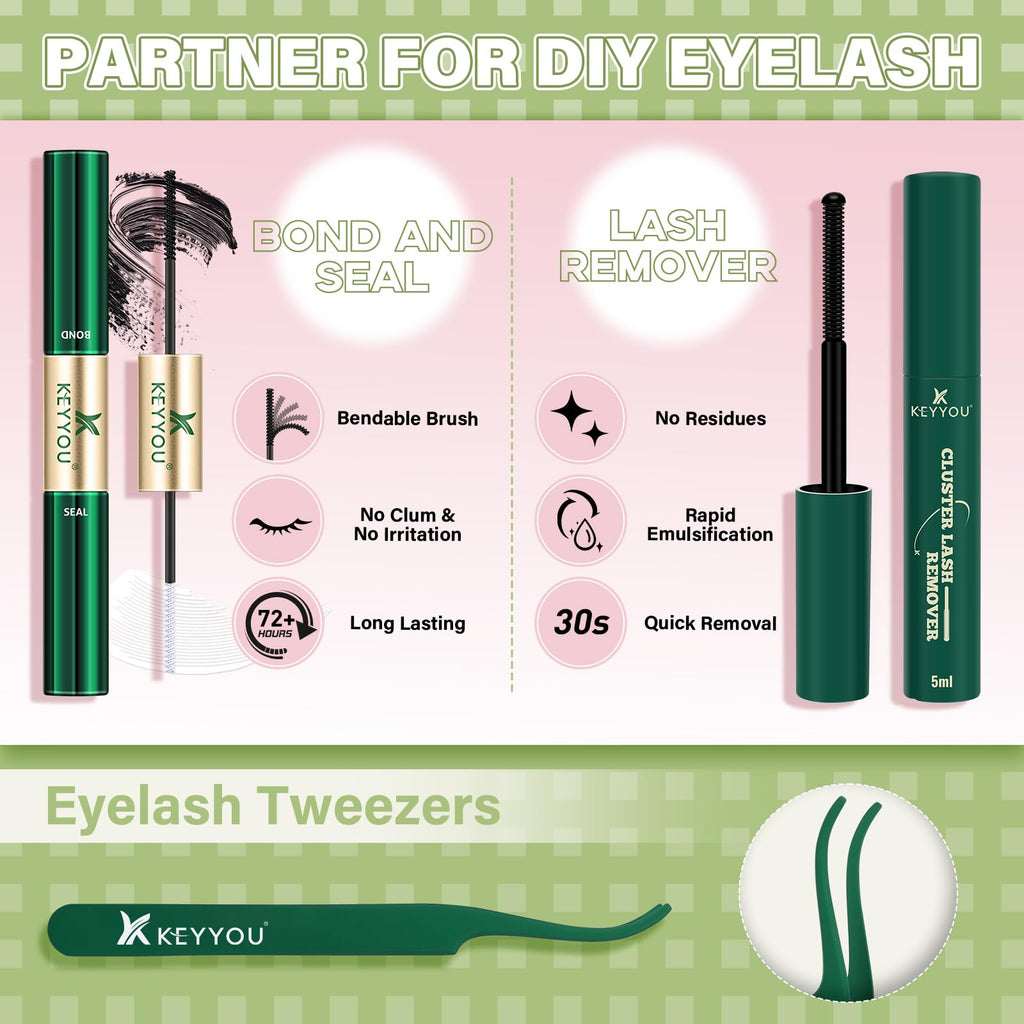 KEYYOU Fairy Wink Lash Clusters Kit – Invisible Band, D Curl, 144 Pcs for DIY Lashes