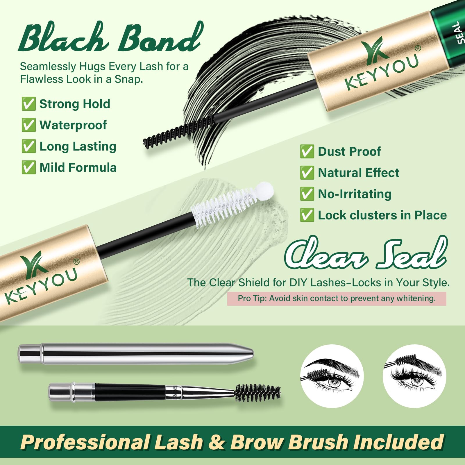 KEYYOU Lash Bond & Seal Glue — 72H Waterproof Hold for DIY Lash Clusters (Black, 10ml)