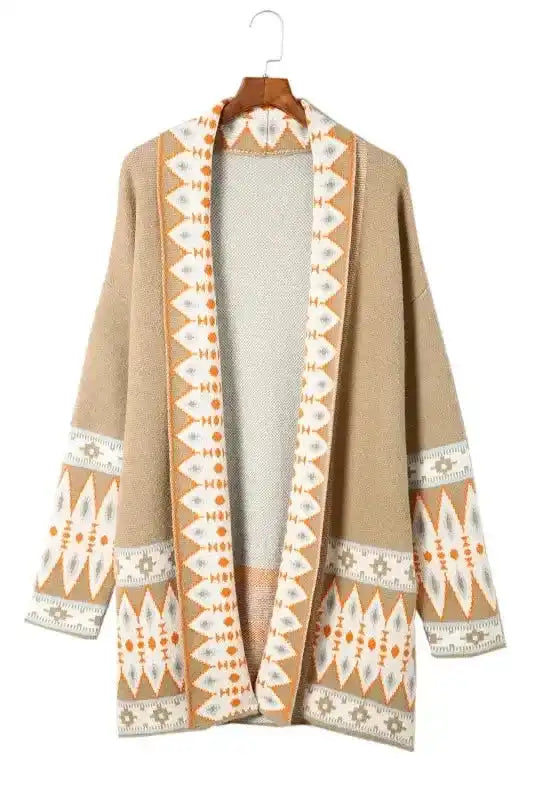 Khaki Aztec Knit Duster Cardigan Women UK