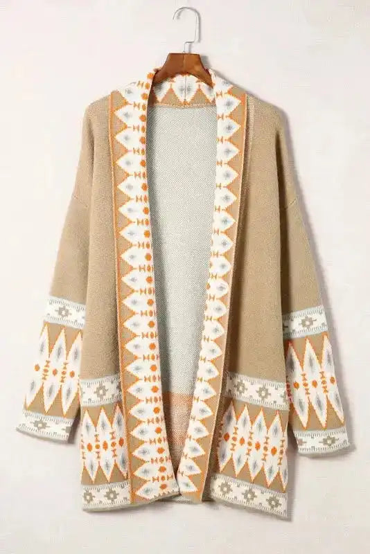 Khaki Aztec Knit Duster Cardigan Women UK