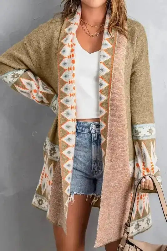 Khaki Aztec Knit Duster Cardigan Women UK