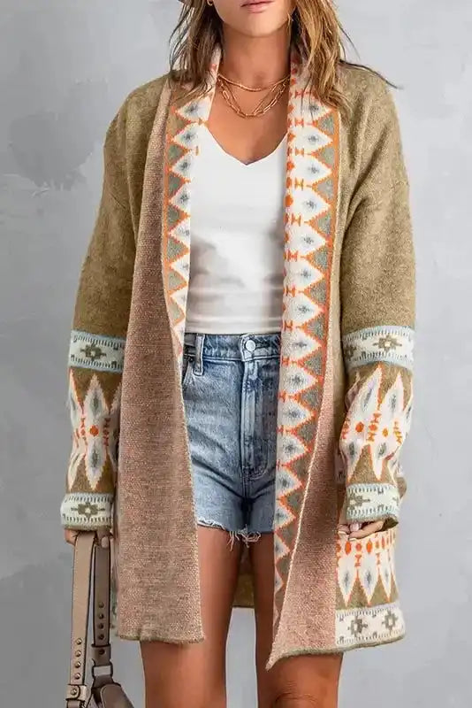 Khaki Aztec Knit Duster Cardigan Women UK
