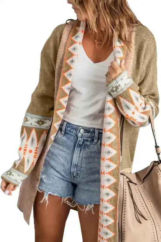 Khaki Aztec Knit Duster Cardigan Women UK