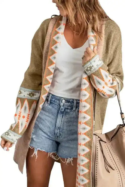Khaki Aztec Knit Duster Cardigan Women UK