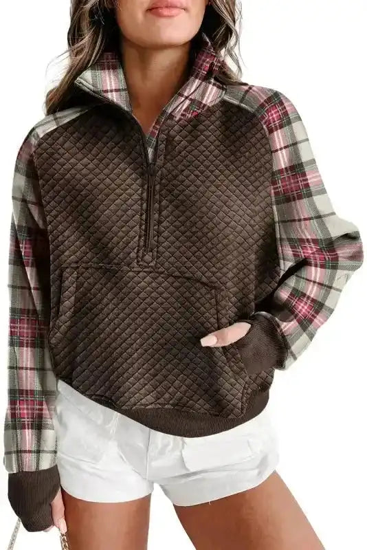 Khaki Plaid Women's Sweatshirt - Stylish & Cozy