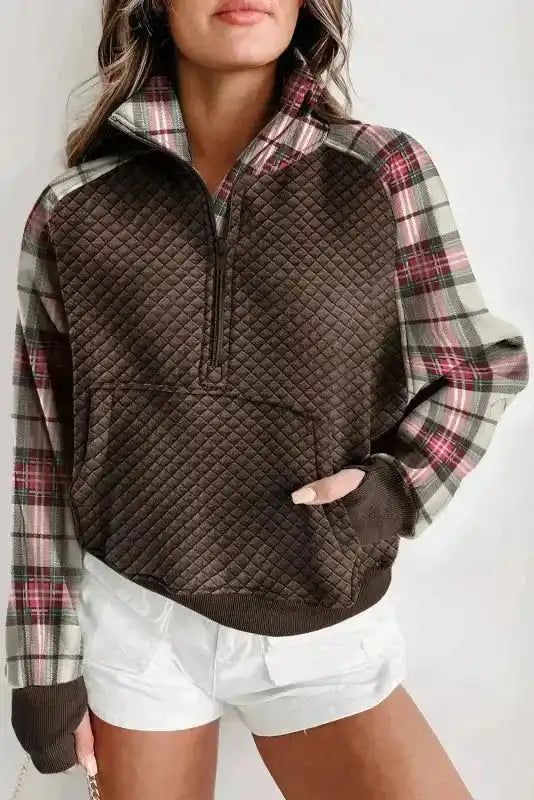 Khaki Plaid Women's Sweatshirt - Stylish & Cozy