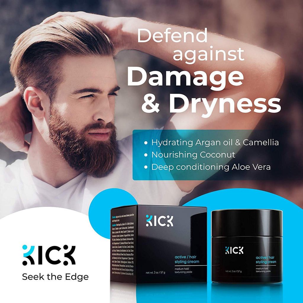 Kick Active Men's Hair Cream – Medium Hold, Non-Greasy, Thickening, Hydration, Anti-Greying – 2 oz
