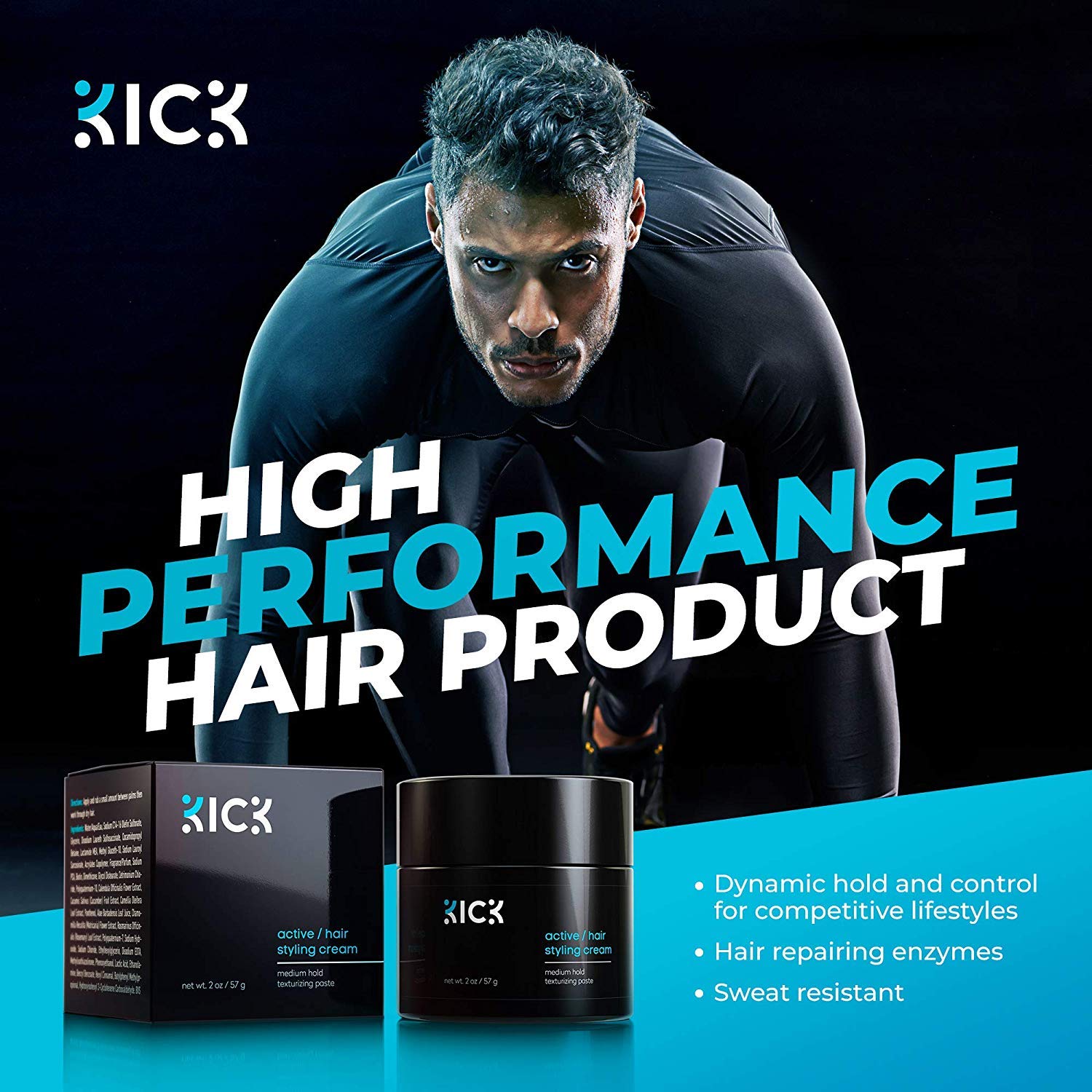 Kick Active Men's Hair Cream – Medium Hold, Non-Greasy, Thickening, Hydration, Anti-Greying – 2 oz