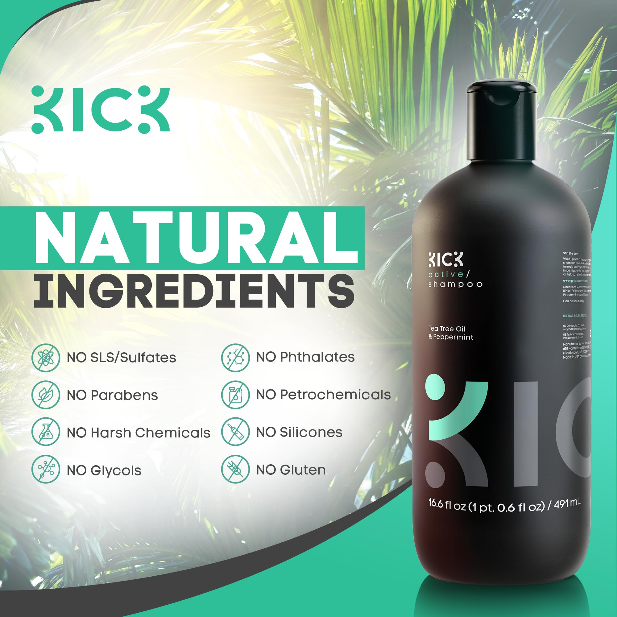 Kick Mens Shampoo - Peppermint & Tea Tree for Oil Control | Sulfate-Free, Cruelty-Free 16.6oz