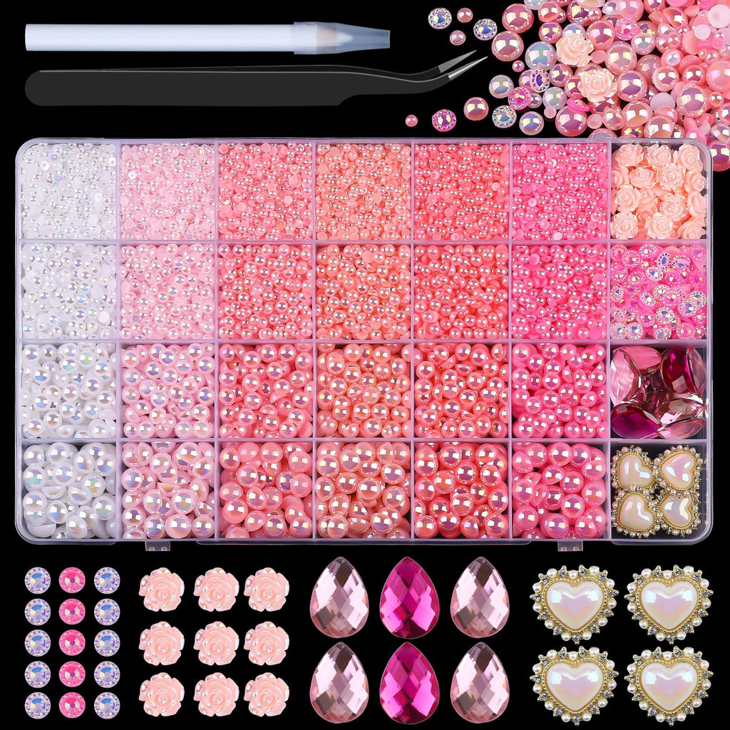 Kikonoke 8900Pcs Pink Gradient Flatback Pearls Set with 140+ Charms, Tweezer & Wax Pen for Nail Art & DIY Crafts