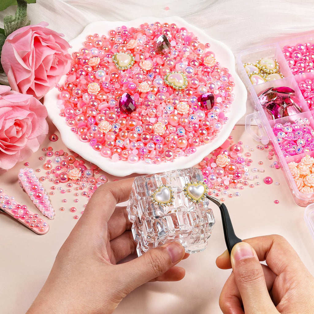 Kikonoke 8900Pcs Pink Gradient Flatback Pearls Set with 140+ Charms, Tweezer & Wax Pen for Nail Art & DIY Crafts