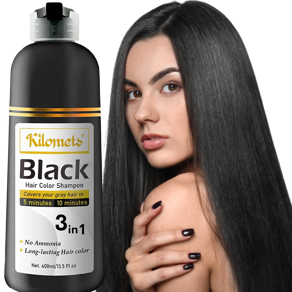 Kilomets BLACK Hair Dye Shampoo 400ml – 100% Grey Coverage in Minutes – Ammonia-Free