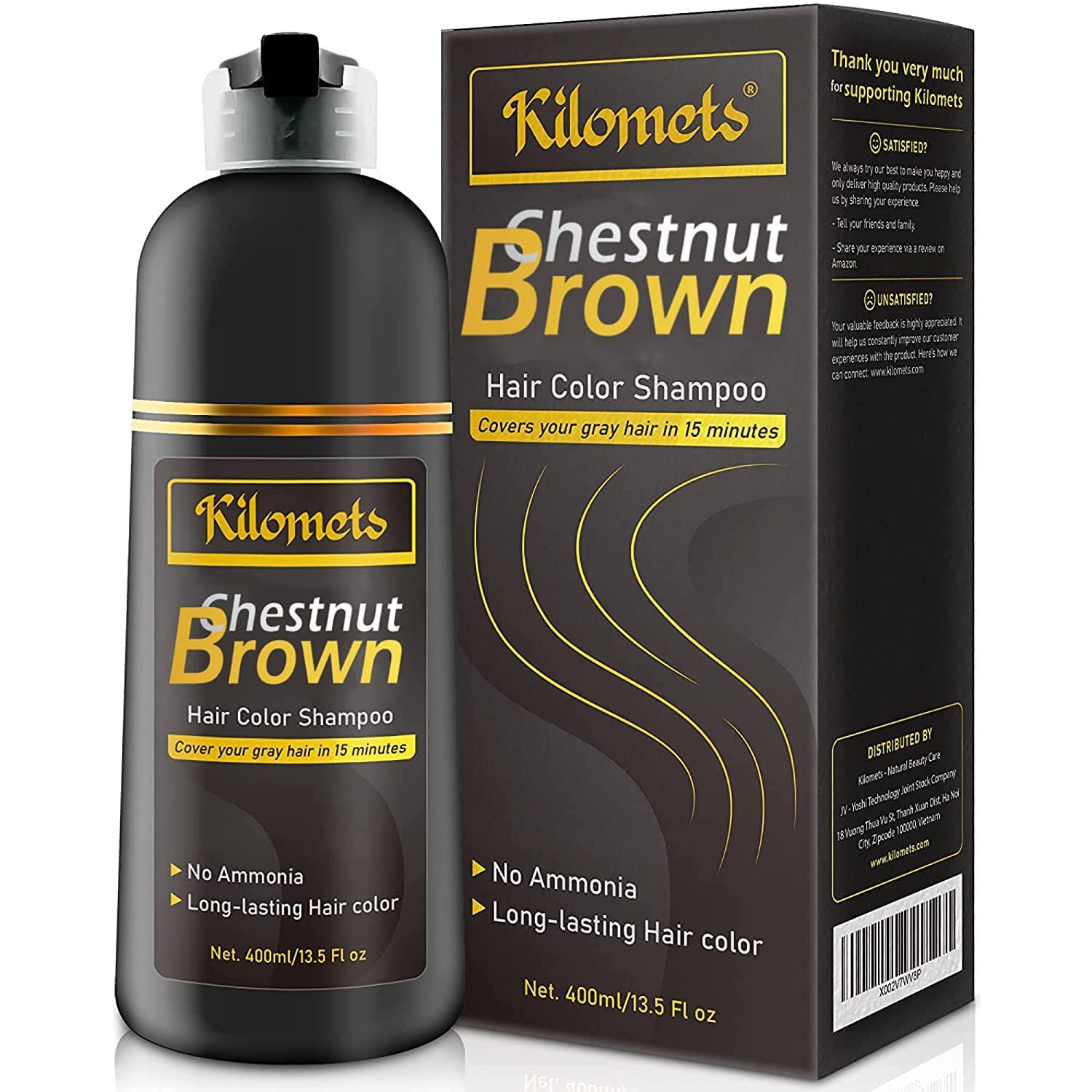 Kilomets Chestnut Hair Dye Shampoo 3-in-1 – Ammonia-Free Instant Grey Coverage (Chestnut Pack 2)