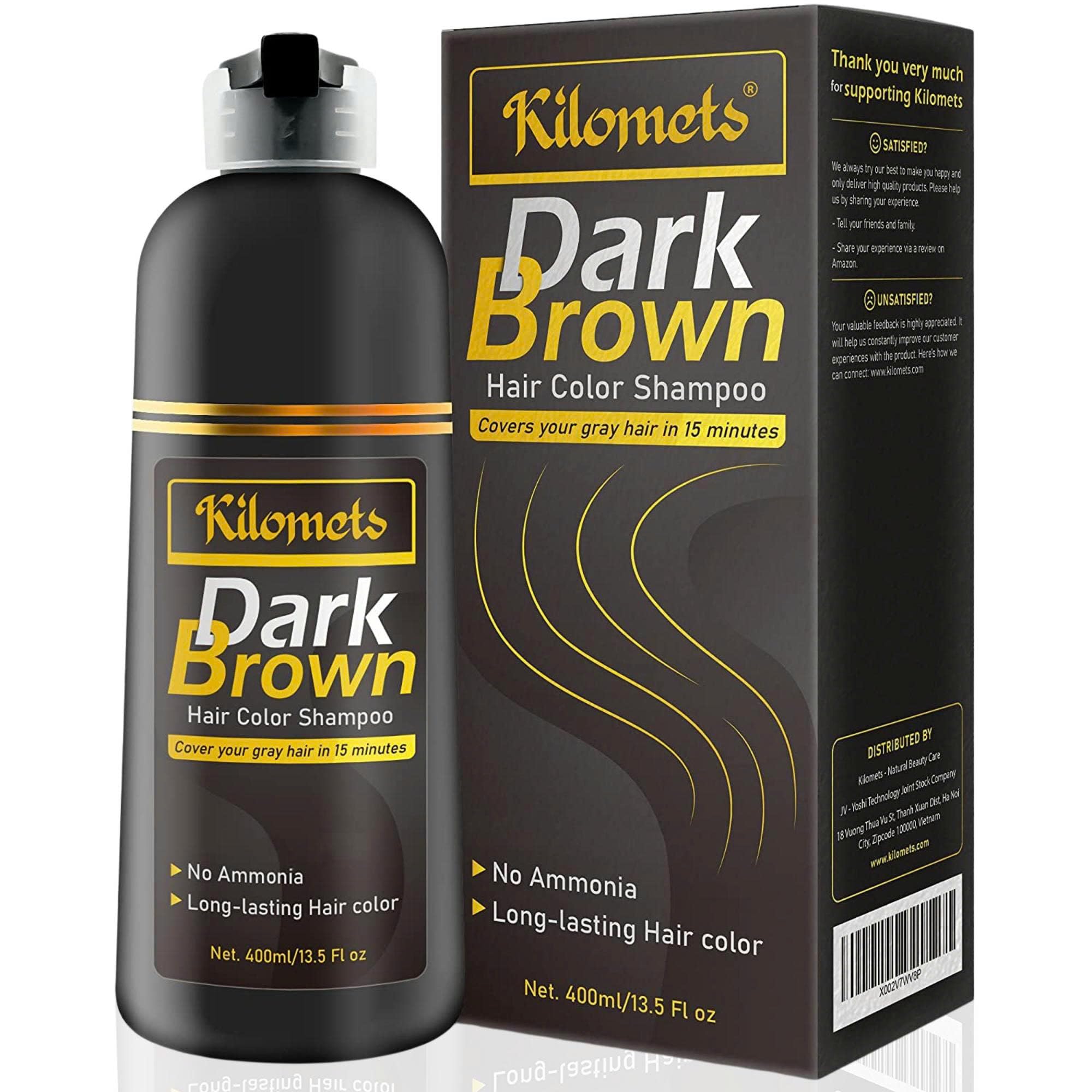 KILOMETS Dark Brown Hair Color Dye Shampoo | 100% Grey Coverage in Minutes | Ammonia Free | 400ml