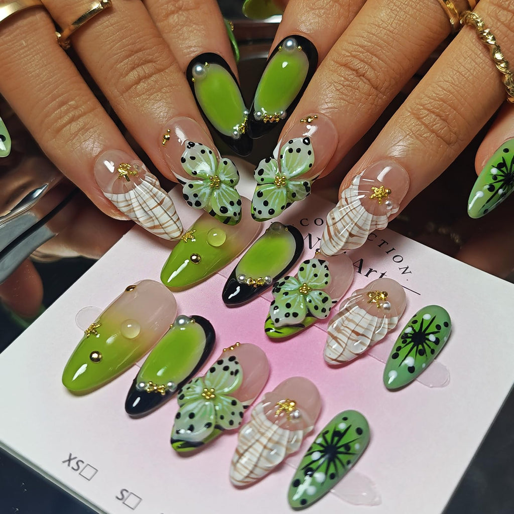 KimKista Floral Oasis S – Handmade 3D Green Almond Press-On Nails Kit