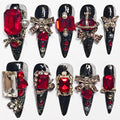 KimKista Handmade Stiletto Press-On Nails – Black Goth with Red Rhinestones