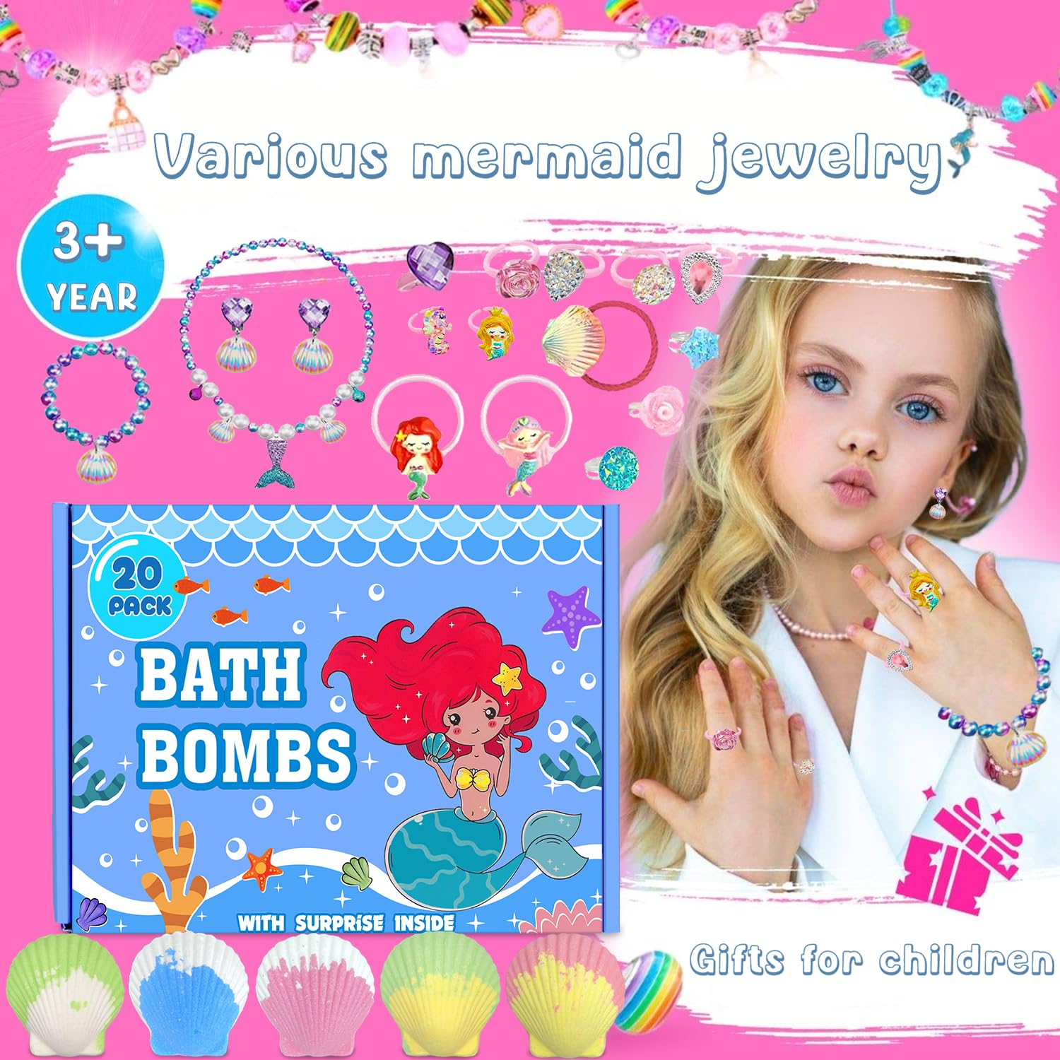 Kims Cosiart Mermaid Bath Bombs - 20-Pack with Surprise Jewelry for Kids