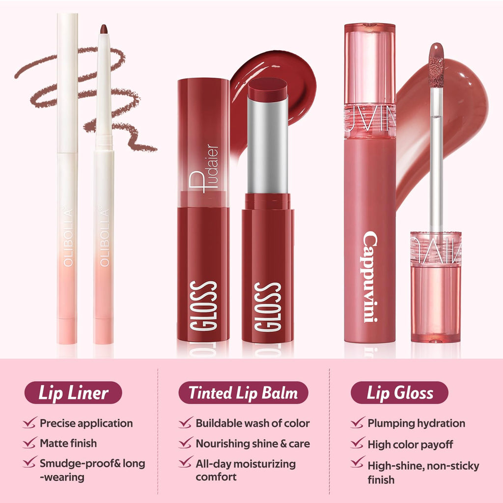 KIMUSE 3PCS Lip Combo Set – Matte Lip Liner, Hydrating Tint Lip Balm & Juicy Gloss Tint