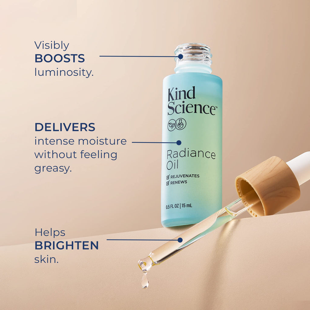 Kind Science Radiance Face Oil – Hydration with Vitamins E, C & A, Bakuchiol, Jojoba & Moringa Oil | Vegan, Cruelty‑Free, 0.5 oz