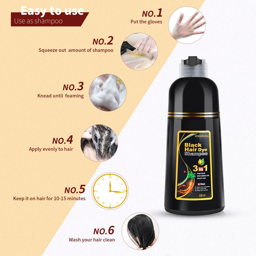 KINGMING Black Hair Dye Shampoo – 3 in 1 Herbal Color for 100% Gray Coverage (500ml)