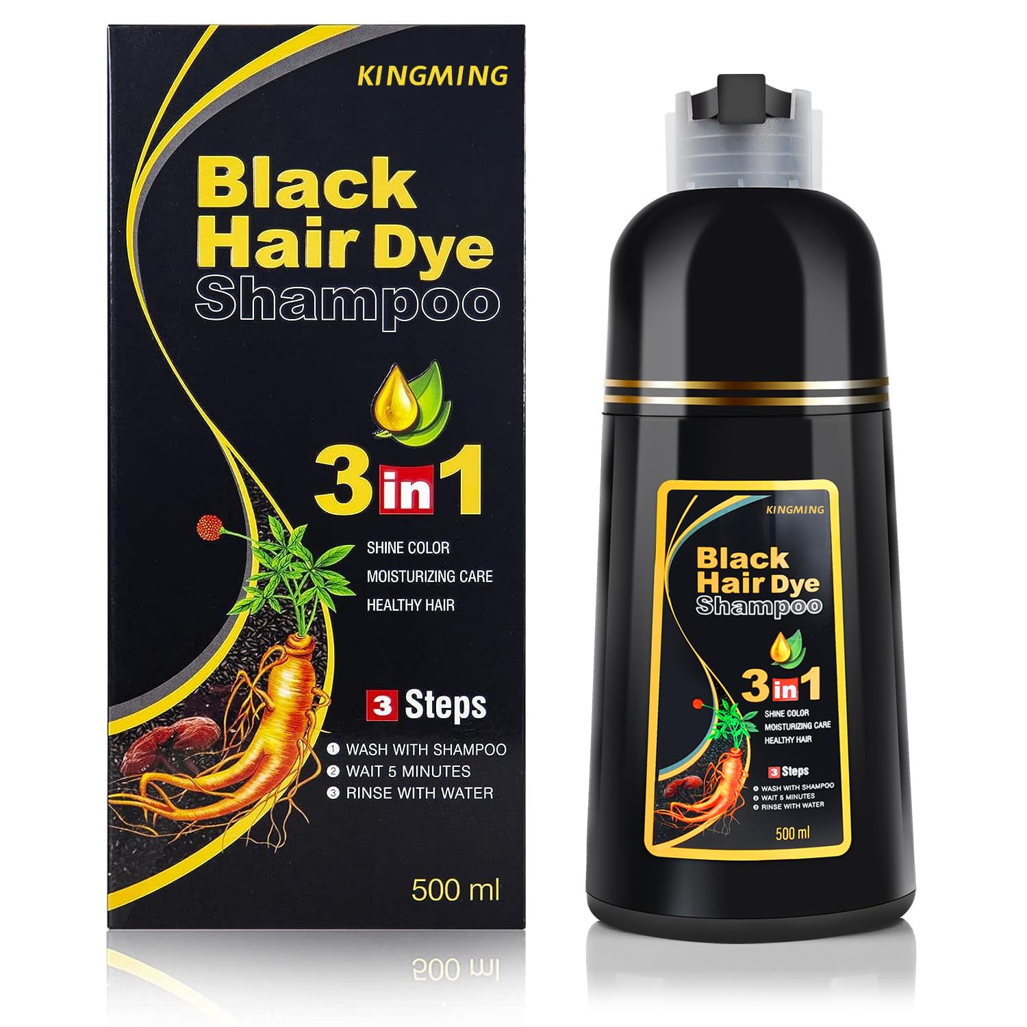 KINGMING Black Hair Dye Shampoo – 3 in 1 Herbal Color for 100% Gray Coverage (500ml)