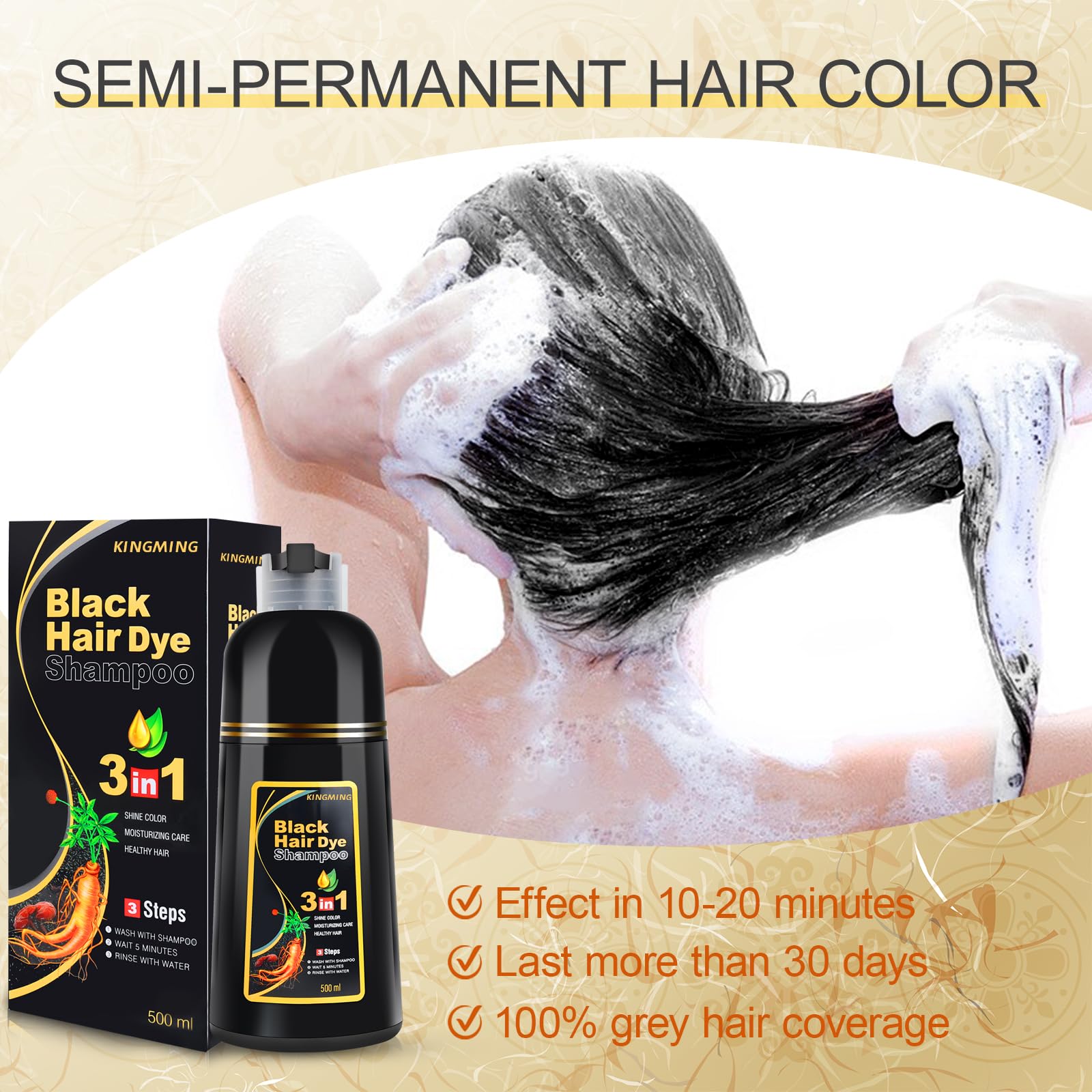 KINGMING Black Hair Dye Shampoo – 3 in 1 Herbal Color for 100% Gray Coverage (500ml)