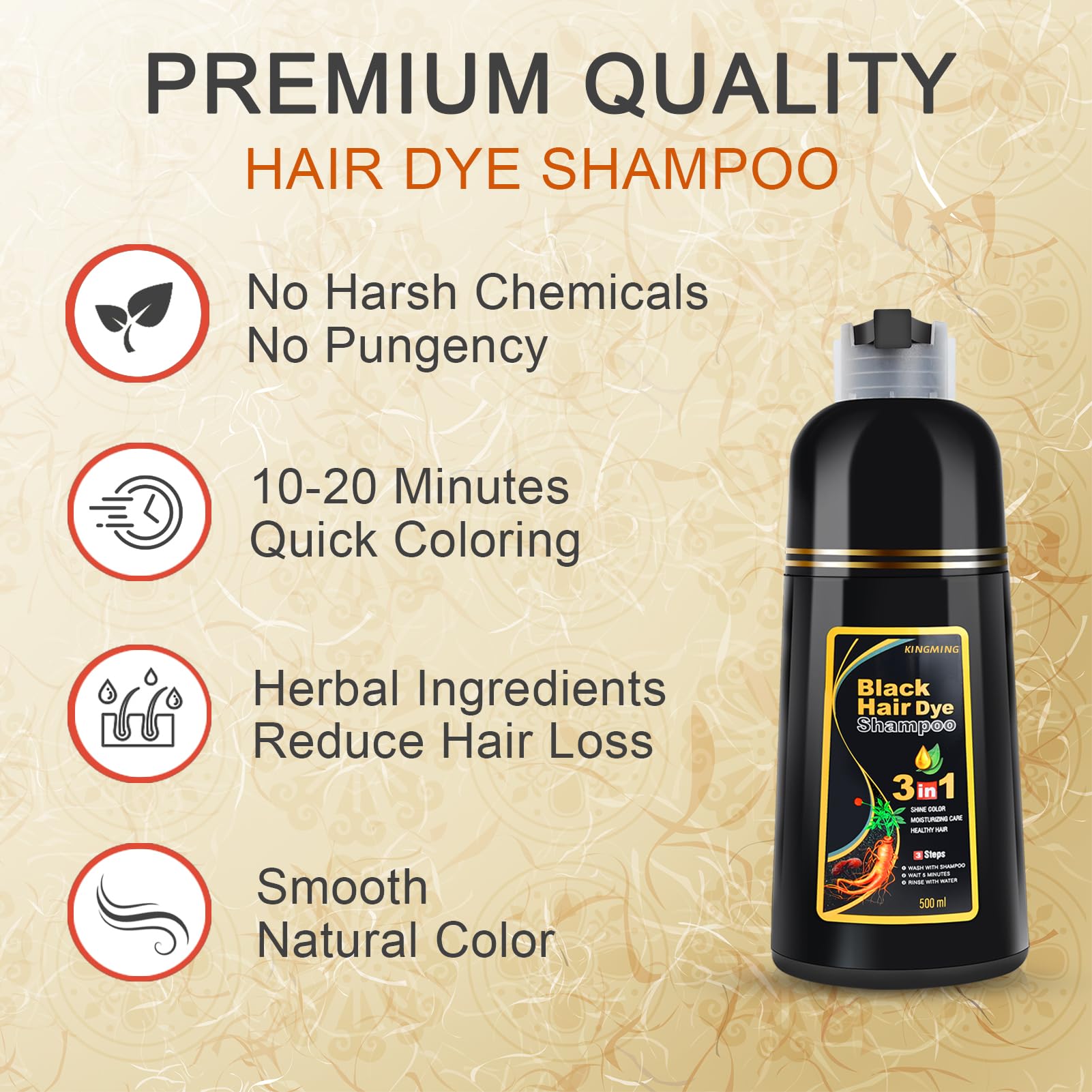 KINGMING Black Hair Dye Shampoo – 3 in 1 Herbal Color for 100% Gray Coverage (500ml)