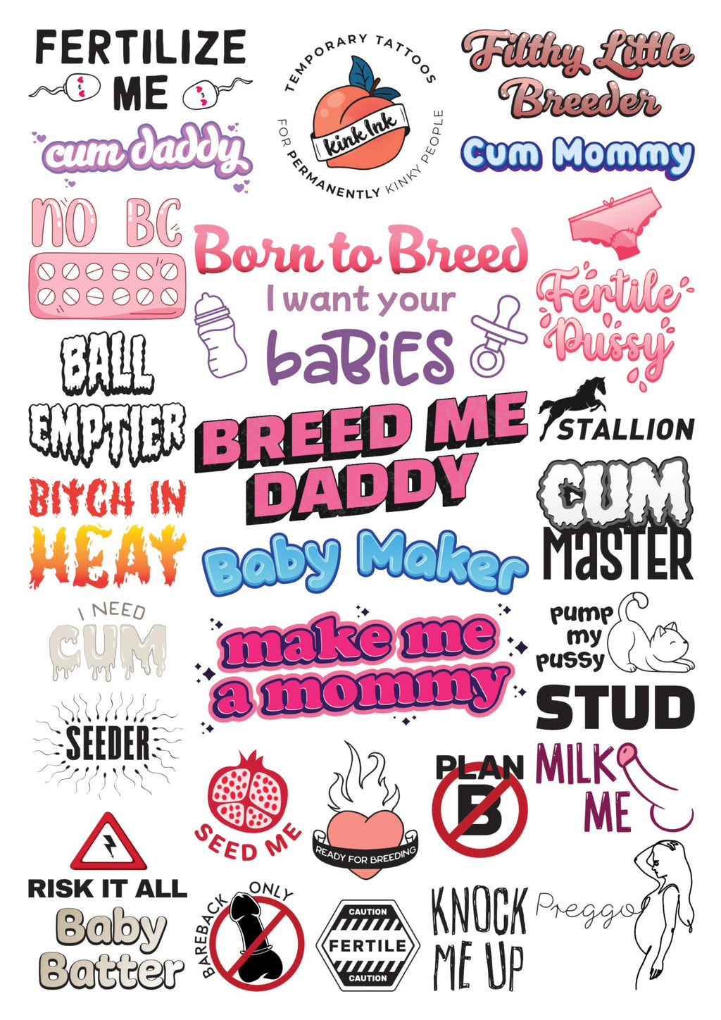 Kink Ink Breeder Temporary Tattoos – 29 Designs on A4 Sheet (Women & Men)