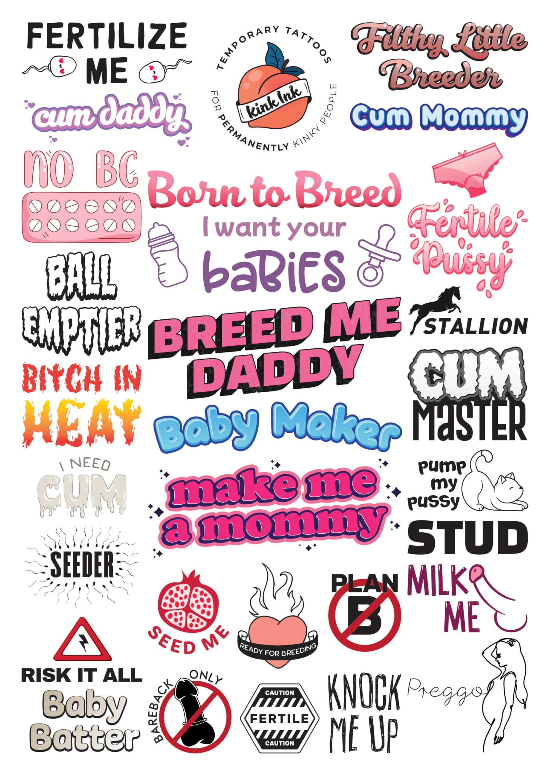 Kink Ink Breeder Temporary Tattoos – 29 Designs on A4 Sheet (Women & Men)
