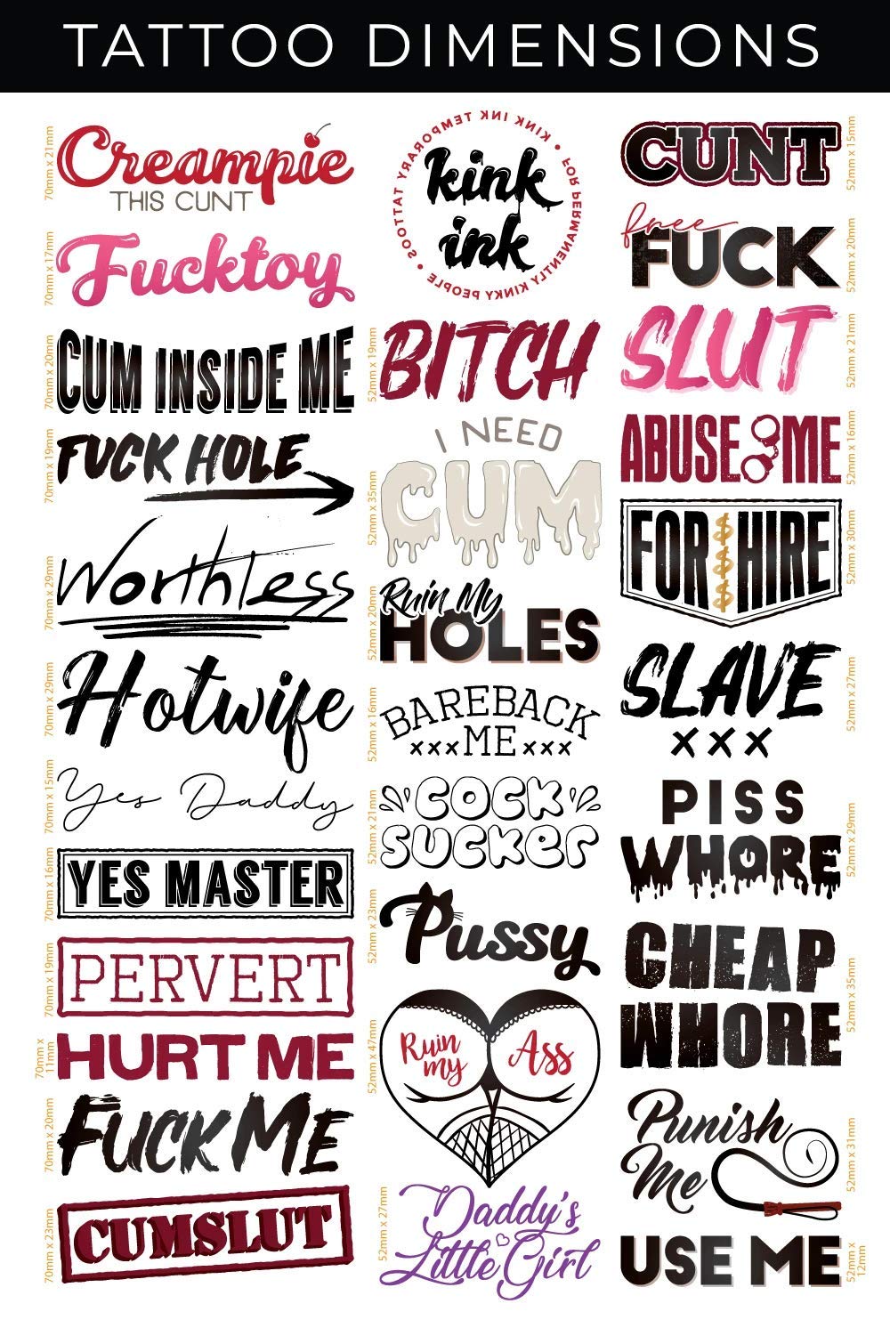 Kink Ink 30 Temporary Tattoos – Adult Naughty Words & Phrases on A4 Sheet