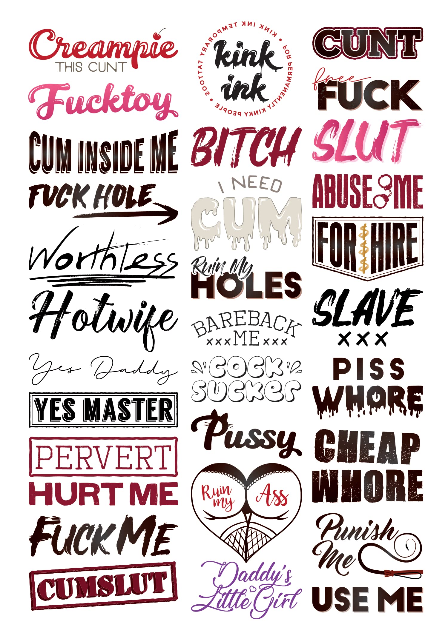 Kink Ink 30 Temporary Tattoos – Adult Naughty Words & Phrases on A4 Sheet