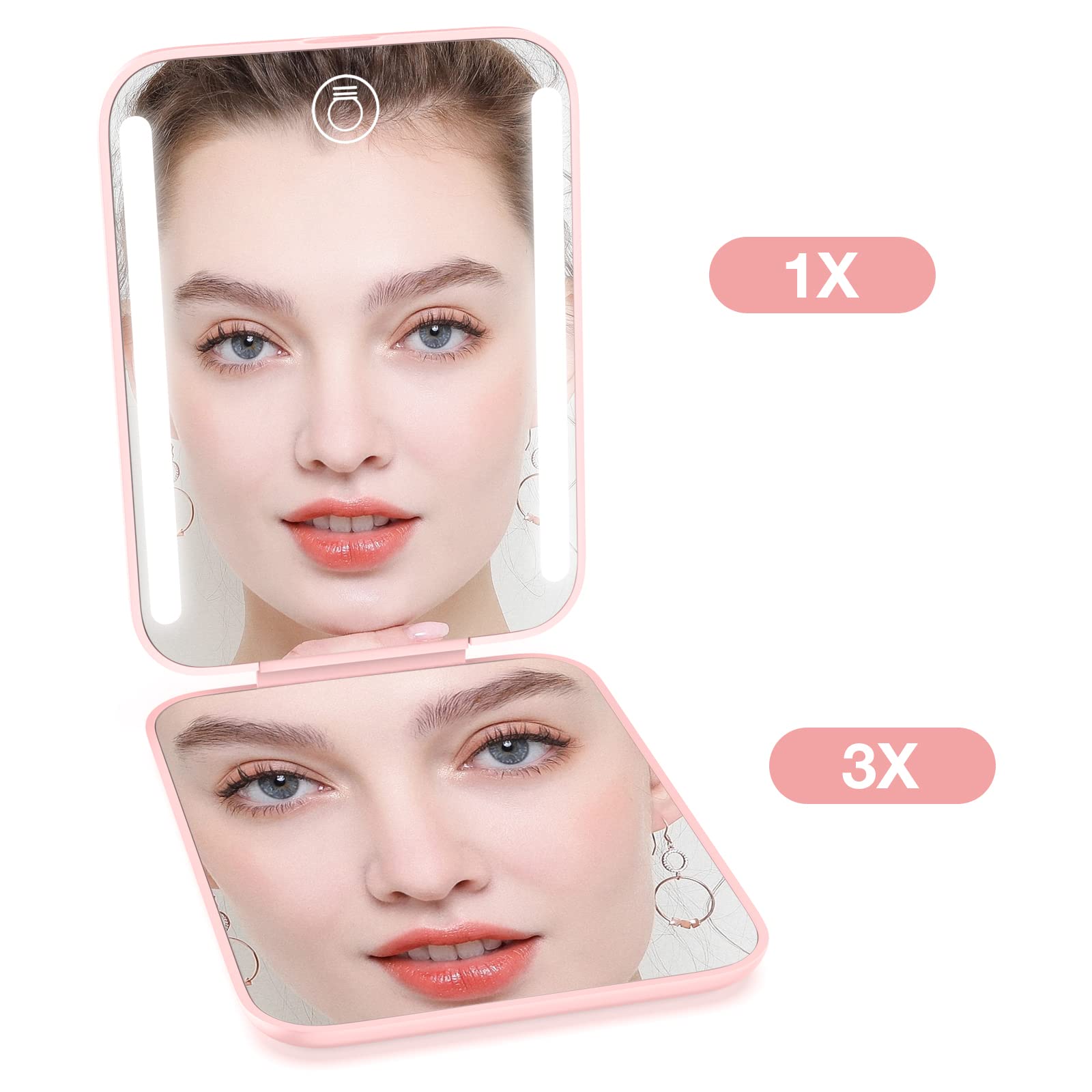 Kintion Rechargeable Pocket Mirror with Light – 1X/3X Magnification, 3-Color LED Lights, Pink