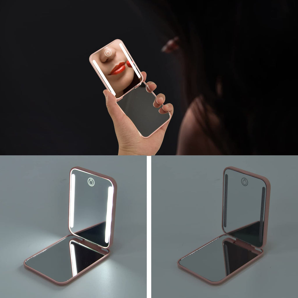 Kintion Rechargeable Pocket Mirror with Light – 1X/3X Magnification, 3-Color LED Lights, Pink