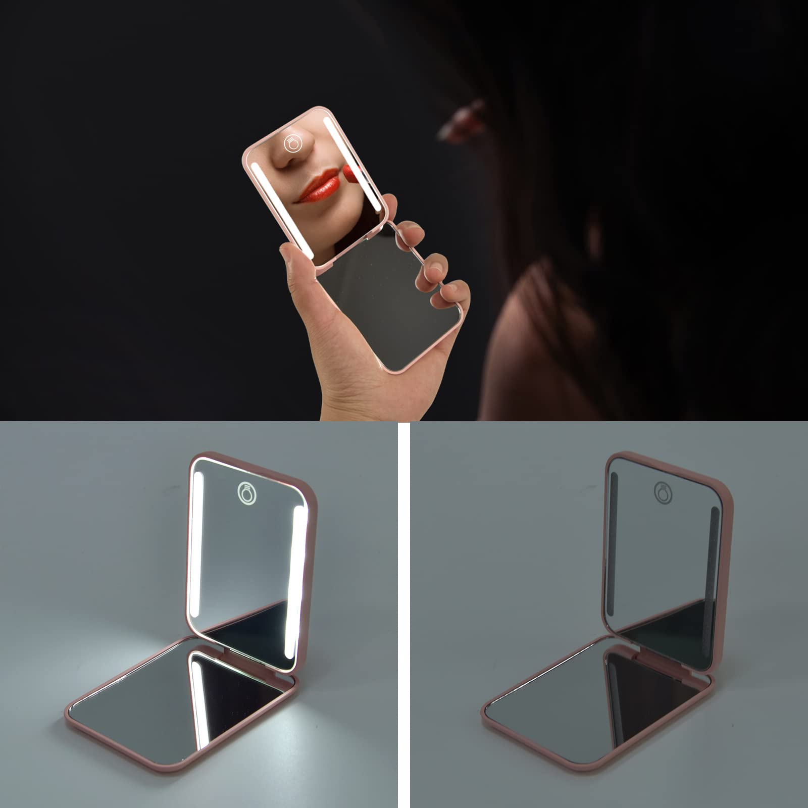 Kintion Rechargeable Pocket Mirror with Light – 1X/3X Magnification, 3-Color LED Lights, Pink