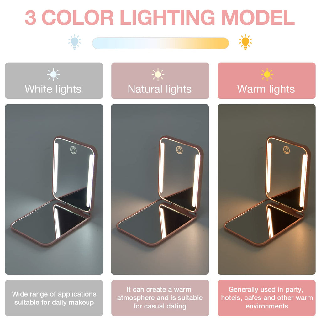 Kintion Rechargeable Pocket Mirror with Light – 1X/3X Magnification, 3-Color LED Lights, Pink