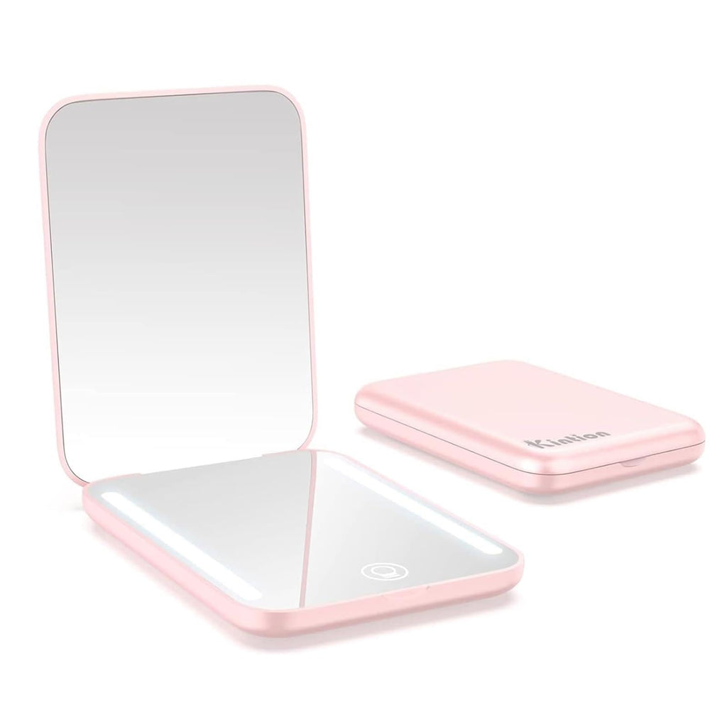 Kintion Rechargeable Pocket Mirror with Light – 1X/3X Magnification, 3-Color LED Lights, Pink