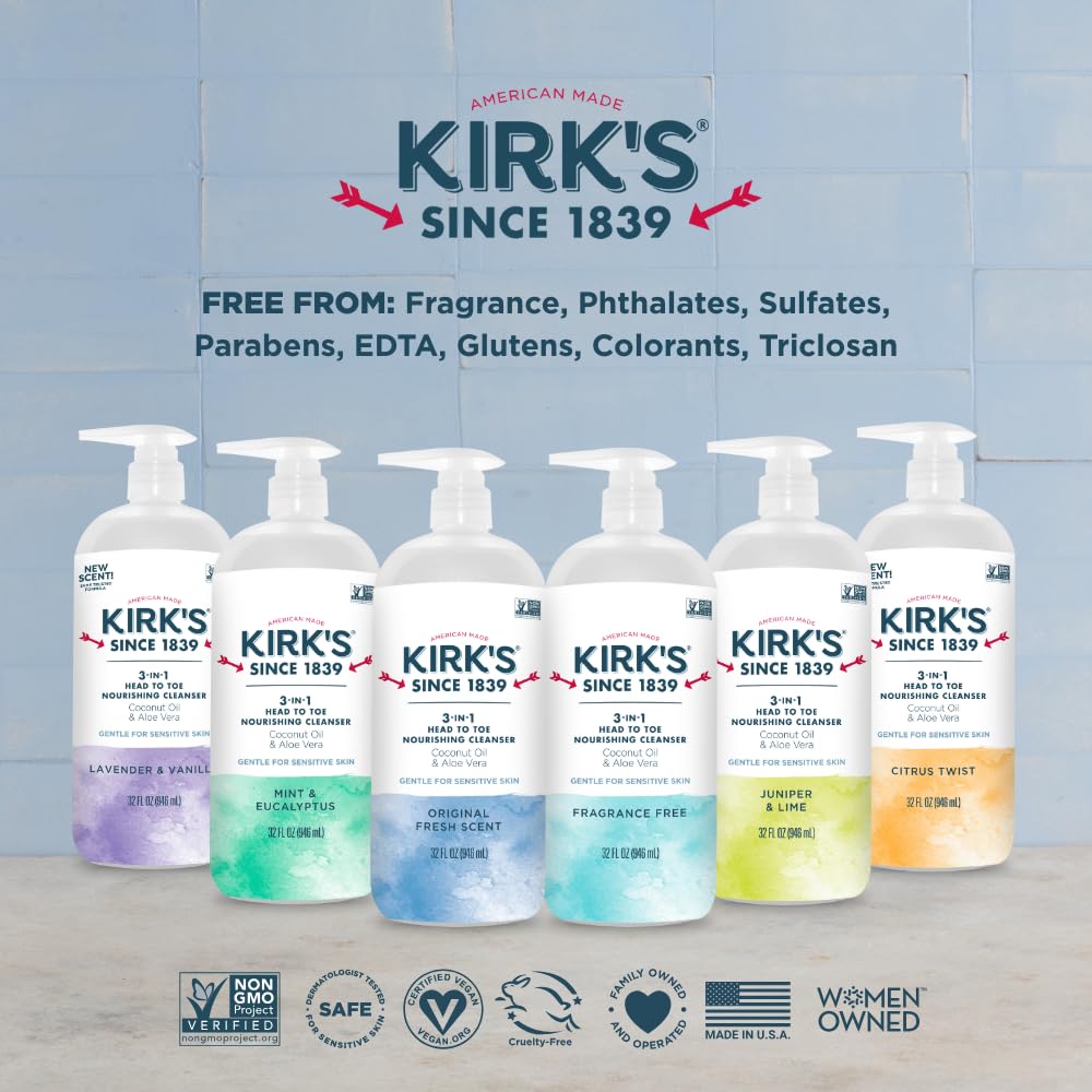 Kirk's 3-in-1 Head to Toe Nourishing Cleanser – 32 oz, Coconut Oil & Aloe Vera, Non-GMO & Vegan