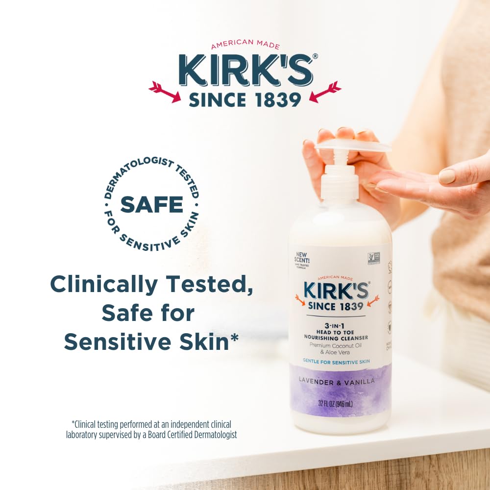 Kirk's 3-in-1 Head to Toe Nourishing Cleanser – Coconut Oil, Aloe Vera, Lavender & Vanilla – 32 oz