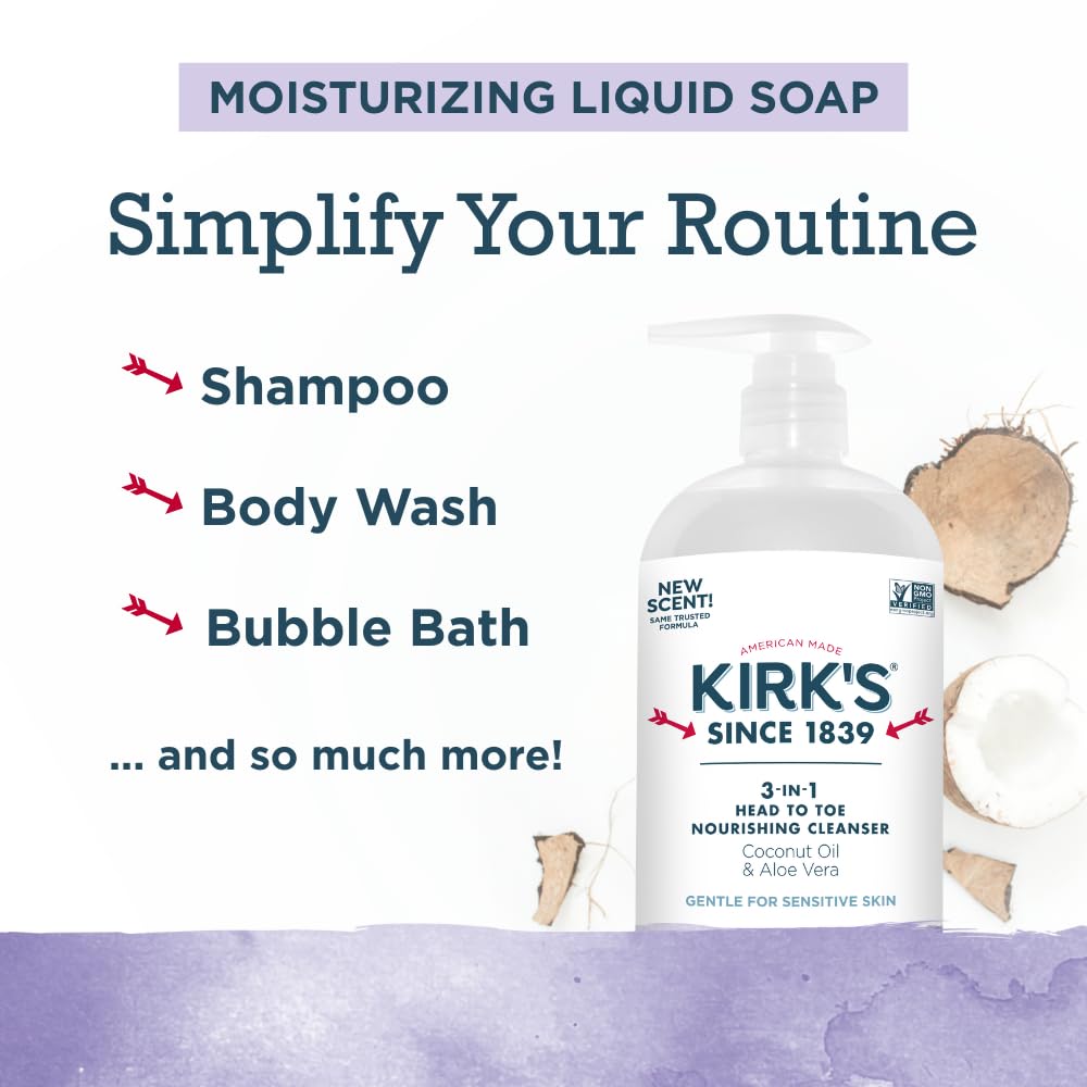 Kirk's 3-in-1 Head to Toe Nourishing Cleanser – Coconut Oil, Aloe Vera, Lavender & Vanilla – 32 oz