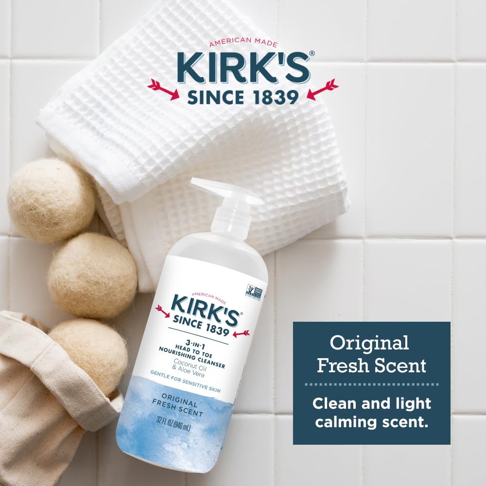 Kirk's 3-in-1 Head to Toe Nourishing Cleanser – 32 oz, Coconut Oil & Aloe Vera, Non-GMO & Vegan