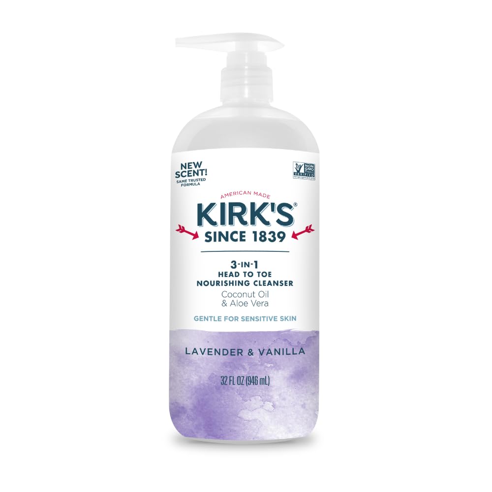 Kirk's 3-in-1 Head to Toe Nourishing Cleanser – Coconut Oil, Aloe Vera, Lavender & Vanilla – 32 oz