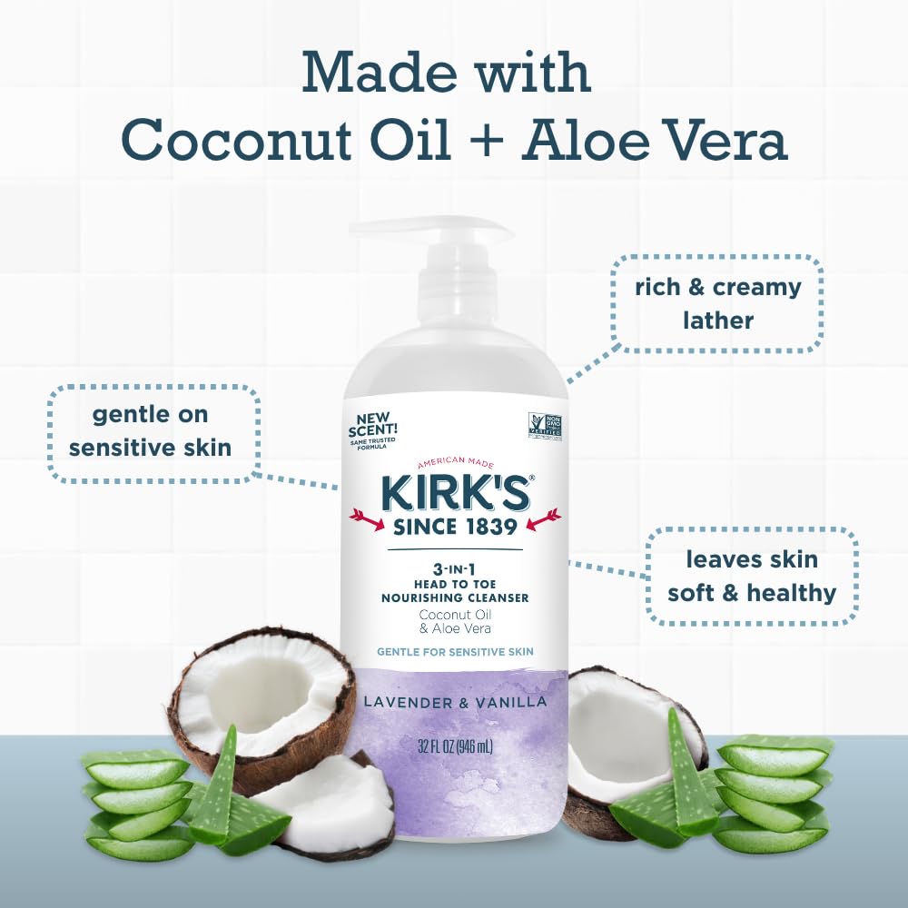 Kirk's 3-in-1 Head to Toe Nourishing Cleanser – Coconut Oil, Aloe Vera, Lavender & Vanilla – 32 oz