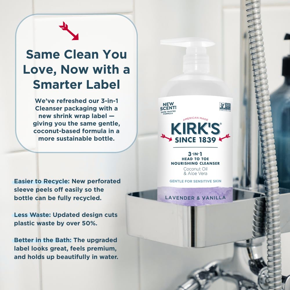 Kirk's 3-in-1 Head to Toe Nourishing Cleanser – Coconut Oil, Aloe Vera, Lavender & Vanilla – 32 oz