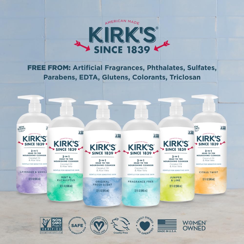 Kirks 3-in-1 Head to Toe Nourishing Cleanser – Coconut Oil, Aloe Vera, Citrus Twist – 32 Fl Oz