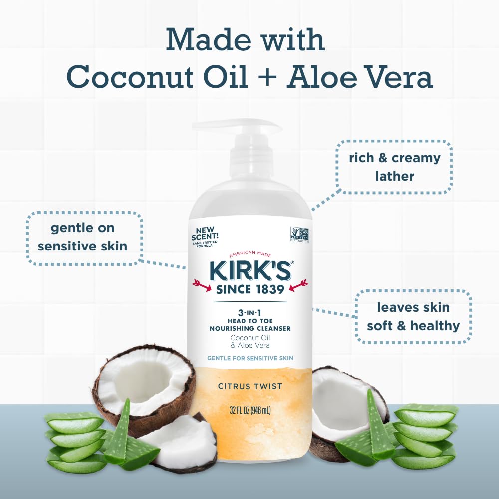 Kirks 3-in-1 Head to Toe Nourishing Cleanser – Coconut Oil, Aloe Vera, Citrus Twist – 32 Fl Oz
