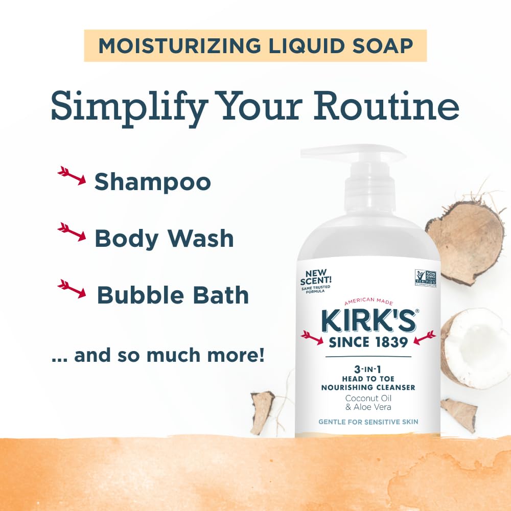 Kirks 3-in-1 Head to Toe Nourishing Cleanser – Coconut Oil, Aloe Vera, Citrus Twist – 32 Fl Oz